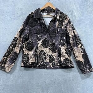 LA Blend Floral Batik Trucker Jacket Womens XL Black‎ Cream Woodblock Print